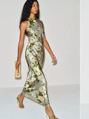 Reformation Petite Anais Silk Dress Sage Green Floral Maxi